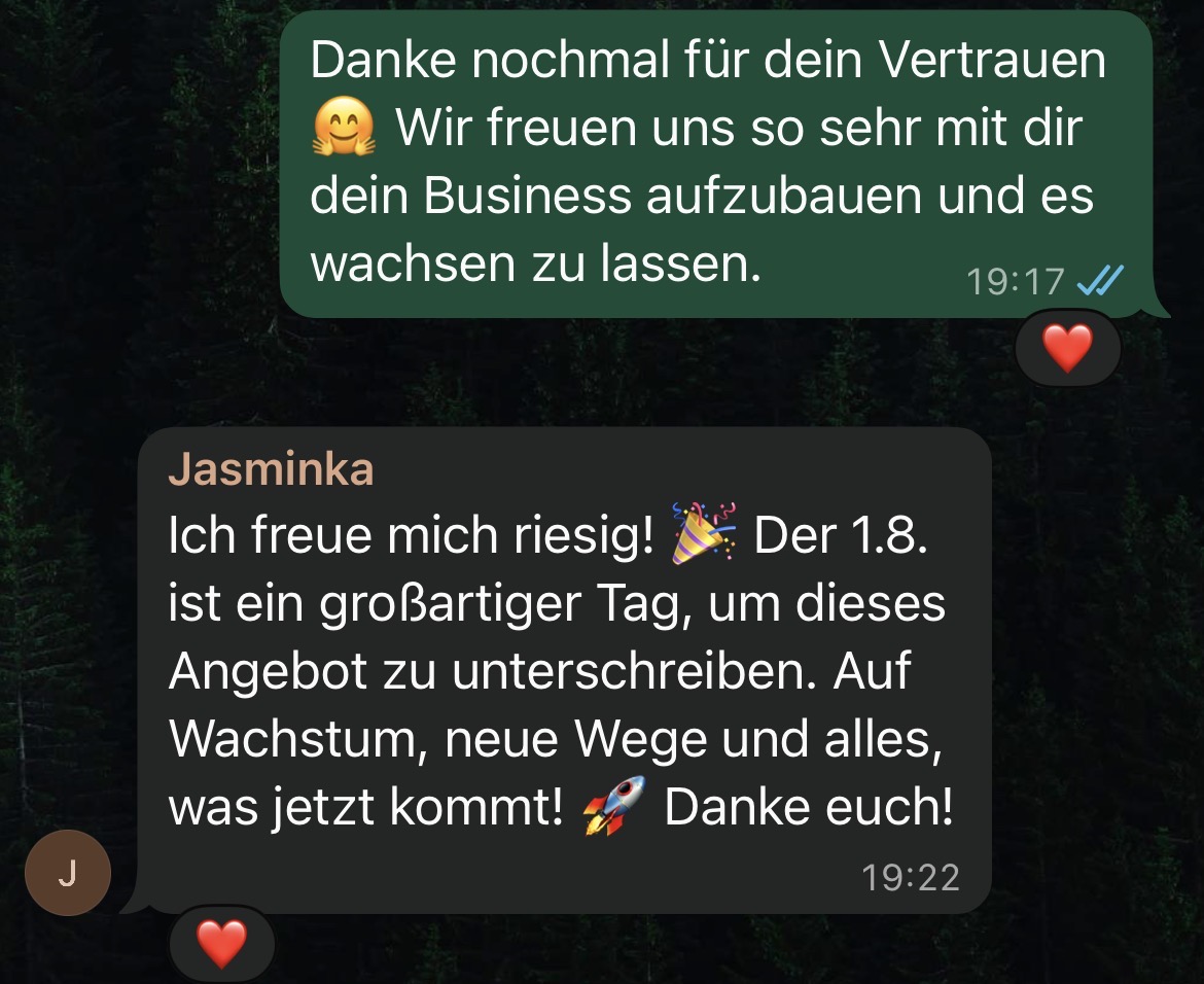 Client message from Jasminka celebrating the next stage of her business growth