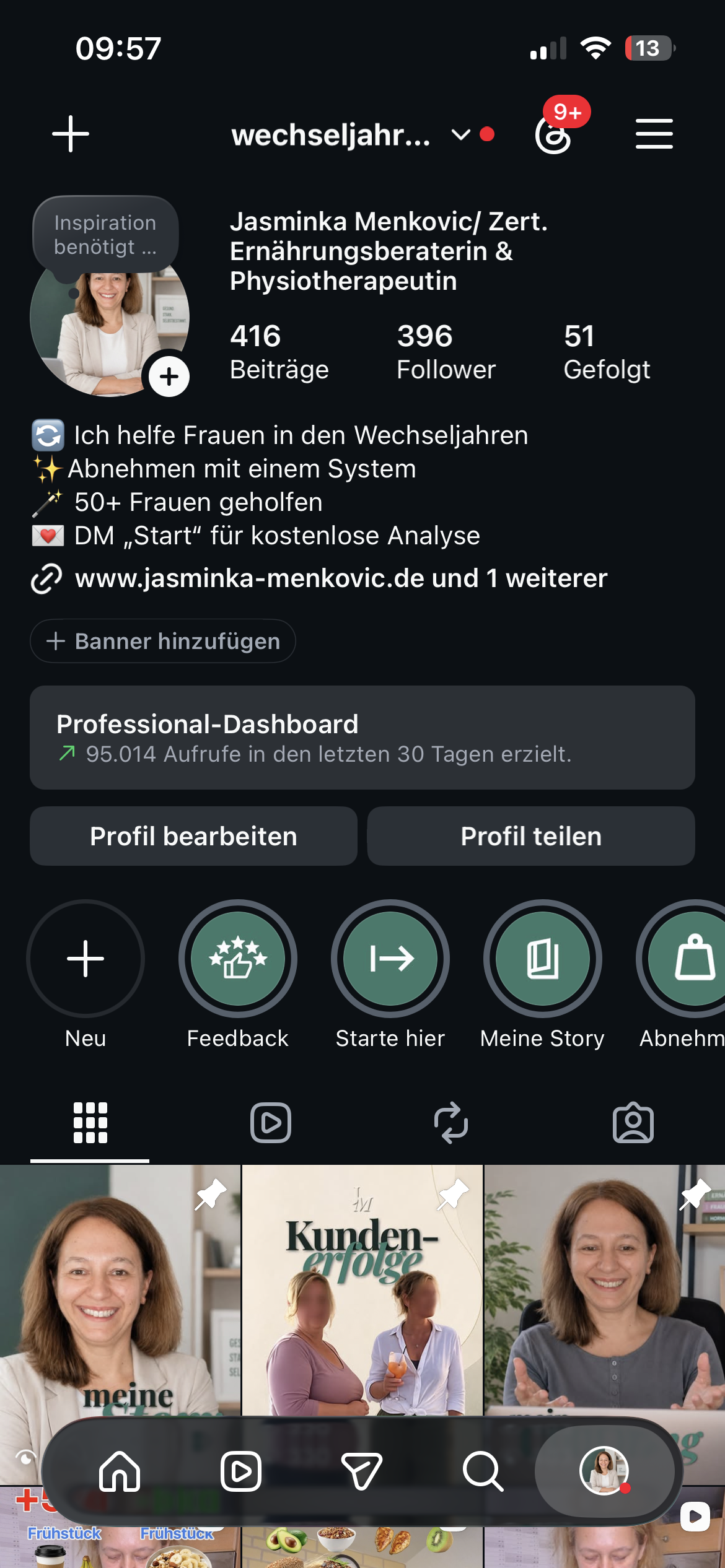 Jasminka's later Instagram profile showing 396 followers and 95,014 views in the previous 30 days