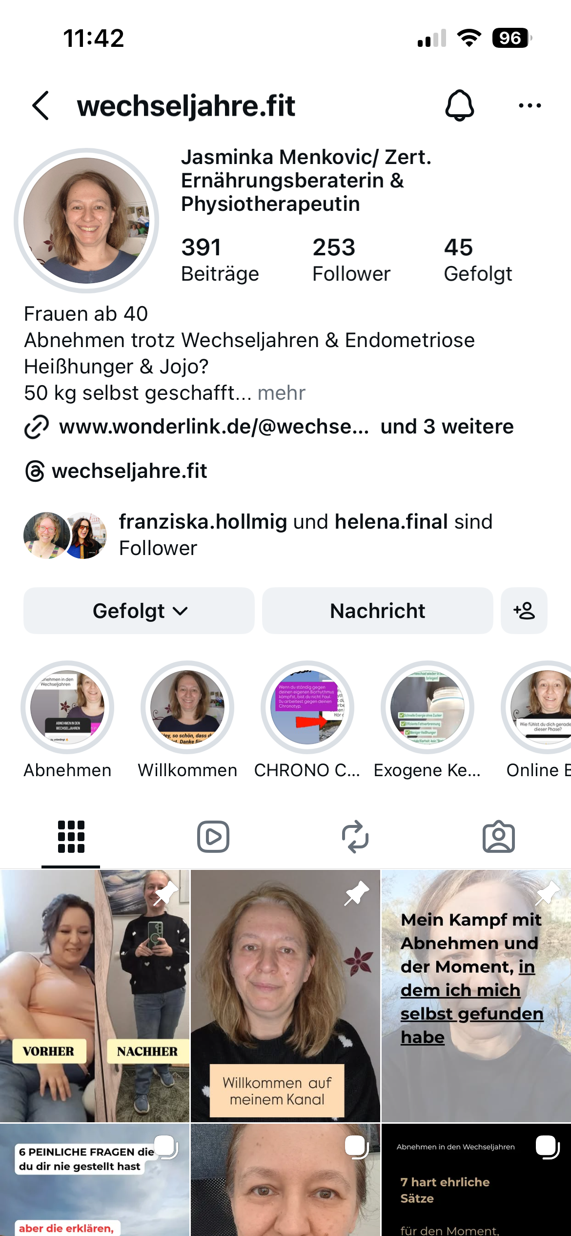 Jasminka's Instagram profile before, showing 253 followers